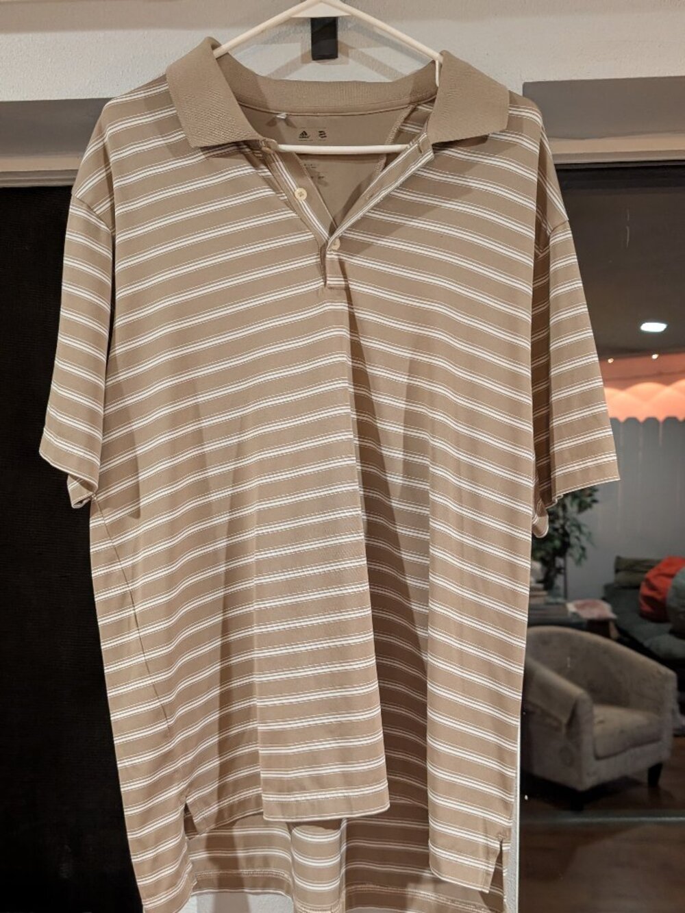 Adidas Climalite Men’s Striped Polo Shirt Tan White Performance Golf Shirt (M)